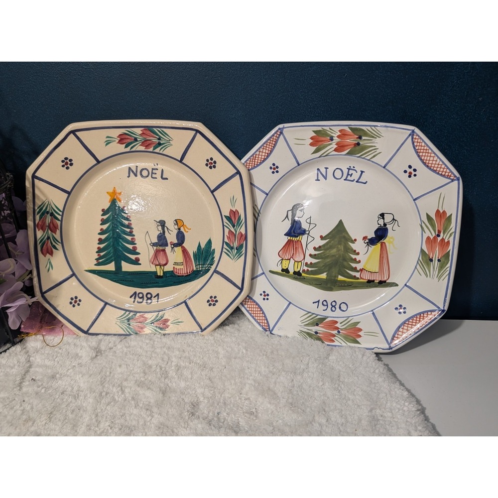 HB Quimper France Vintage Noel Christmas Plates 1980 1981 Set Limited Edition